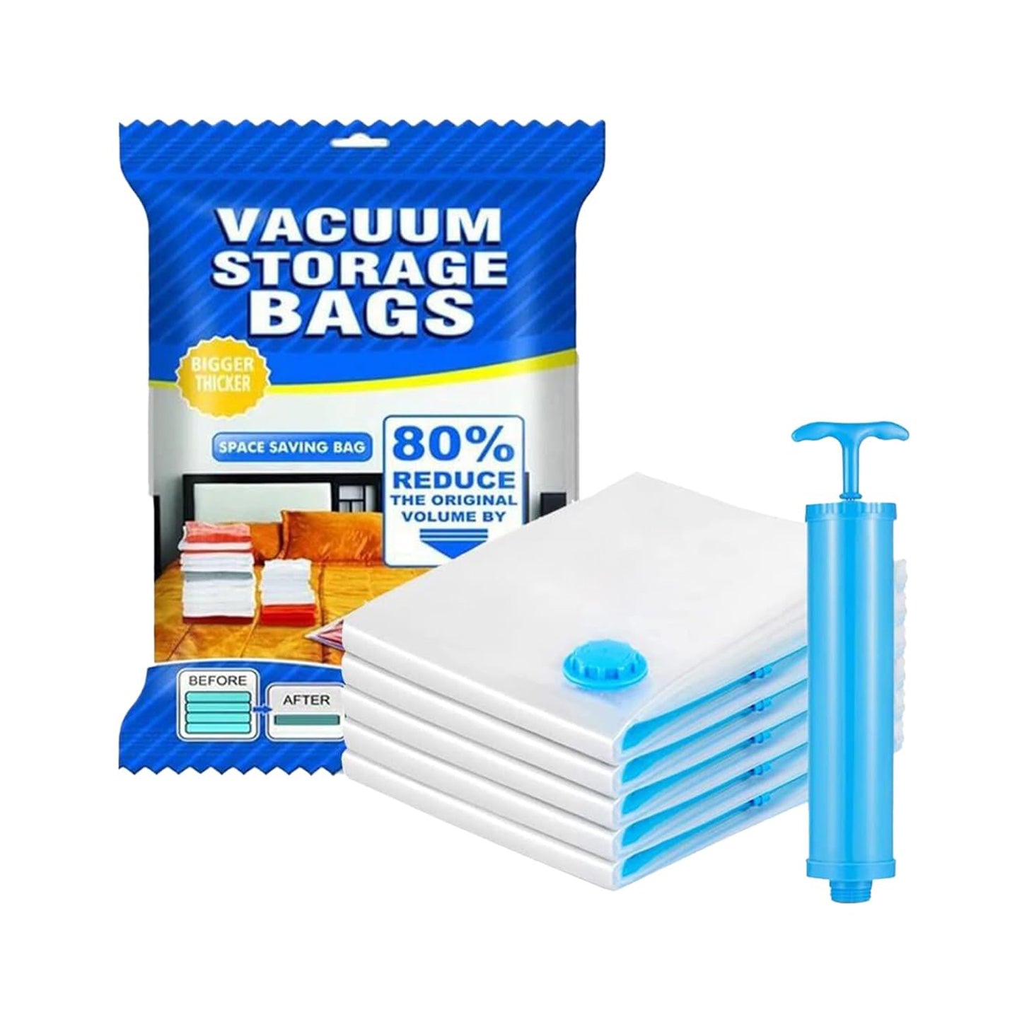 Vacuum Storage Bags Set – 5 Pcs with Pump & Clips, Space Saver