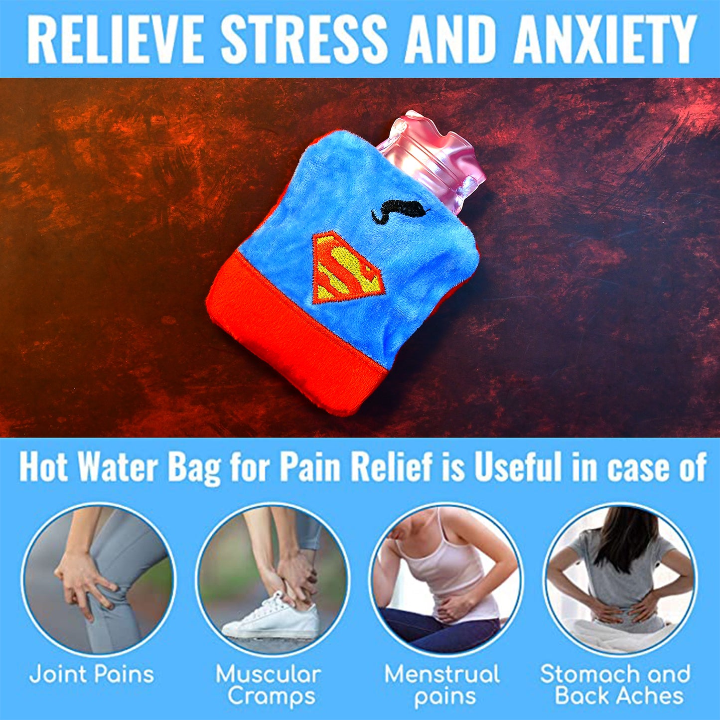 Mini Hot Water Bag – Superman Print for Pain & Cramps