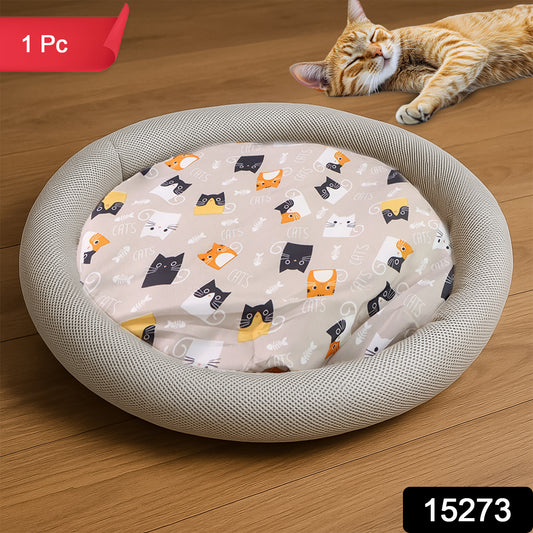 Round Soft Plush Cat Bed With Cartoon Cat Print Cushion  1 Pc