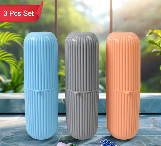 Capsule Shape Travel Toothbrush Toothpaste Case Holder (Multicolor  3 Pcs Set)
