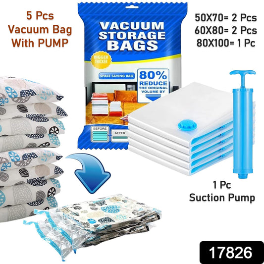 Vacuum Storage Bags Set – 5 Pcs with Pump & Clips, Space Saver